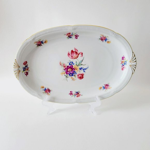ZS & Co Pink Floral 15" Oval Serving Platter 1940s Gold Trim US Zone Germany - Picture 2 of 9